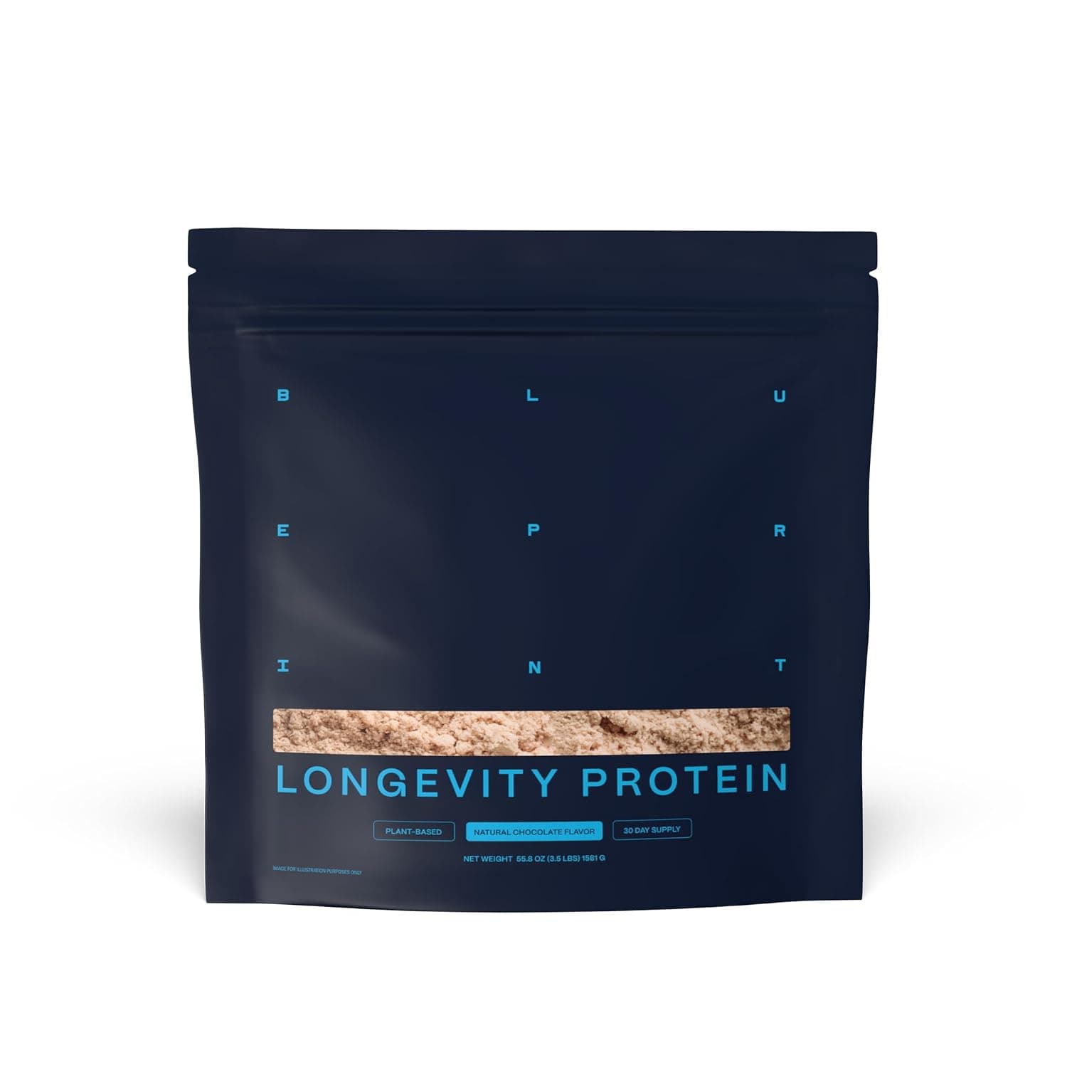 Blueprint Longevity Protein current Amazon main image: minimal navy pouch with faint gridded wordmark and no protein number