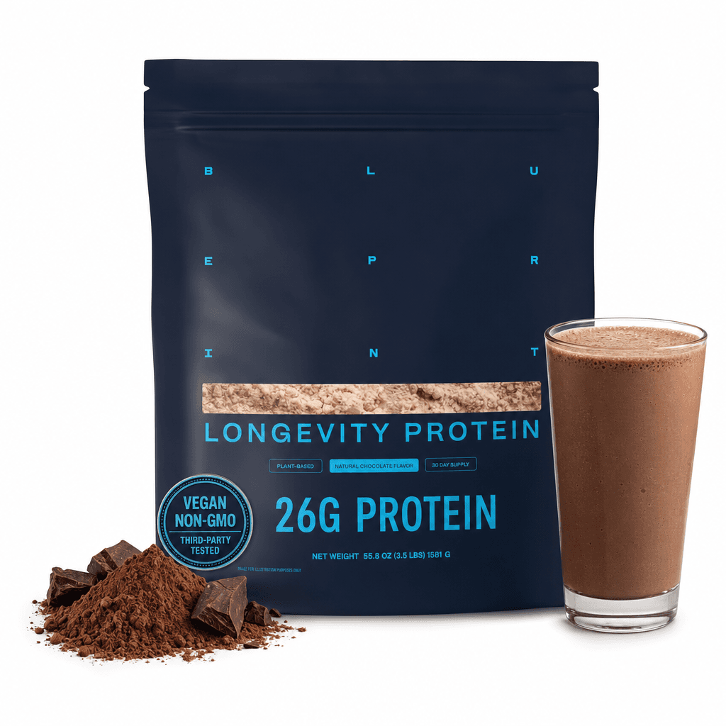 Rebuilt Blueprint main image: 26G Protein printed as the hero, prepared chocolate shake and cocoa staged beside the pouch, vegan seal added