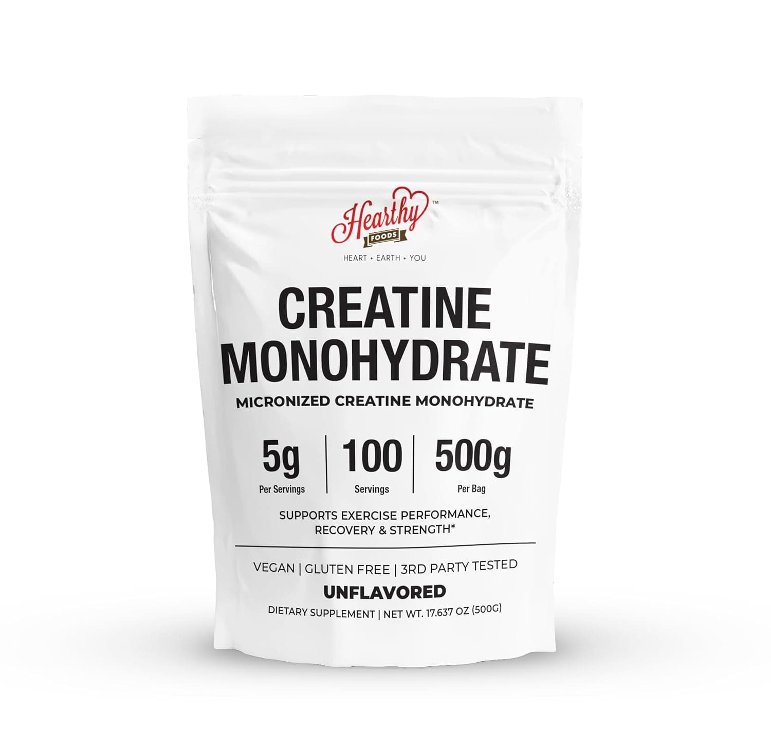 Hearthy Foods Creatine Monohydrate current Amazon main image: white bag with 5g, 100 servings, and 500g printed at equal size