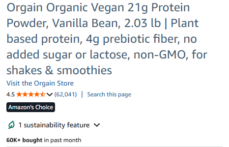 Real Amazon product title block for Orgain Organic Protein showing a long structured title, ratings, and the Amazon's Choice badge