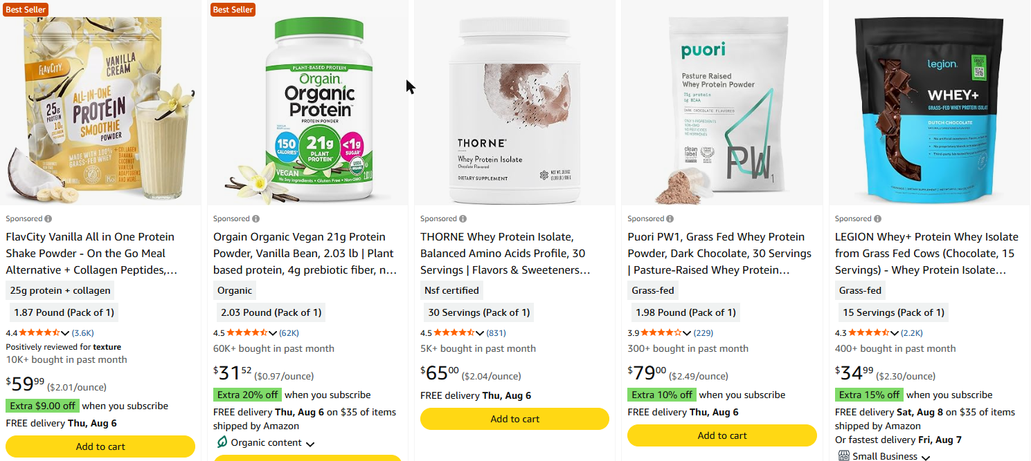 Real Amazon search results for protein powder showing five product tiles with truncated titles